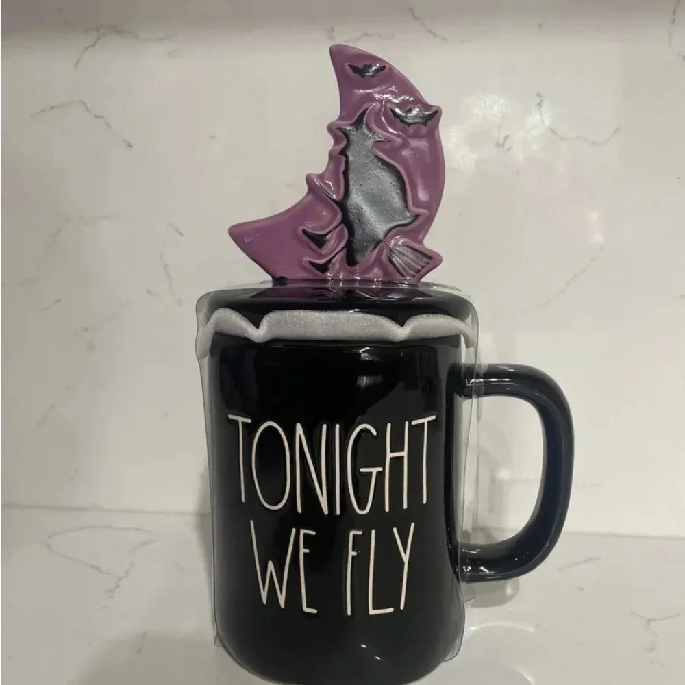 Rae Dunn “TONIGHT WE FLY" Mug Cup with Witch Topper Halloween Black & Purple NEW